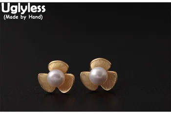

Uglyless Real S925 Sterling Silver 3 Petals Floral Studs Designer Fan Stud Earrings Natural Pearls Flower Jewelry Brincos Bijoux