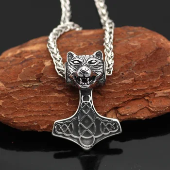 

youueshone 10 pcs Men Stainless Steel Viking Bear Head Thor's Hammer MJOLNIR Pendant Necklace
