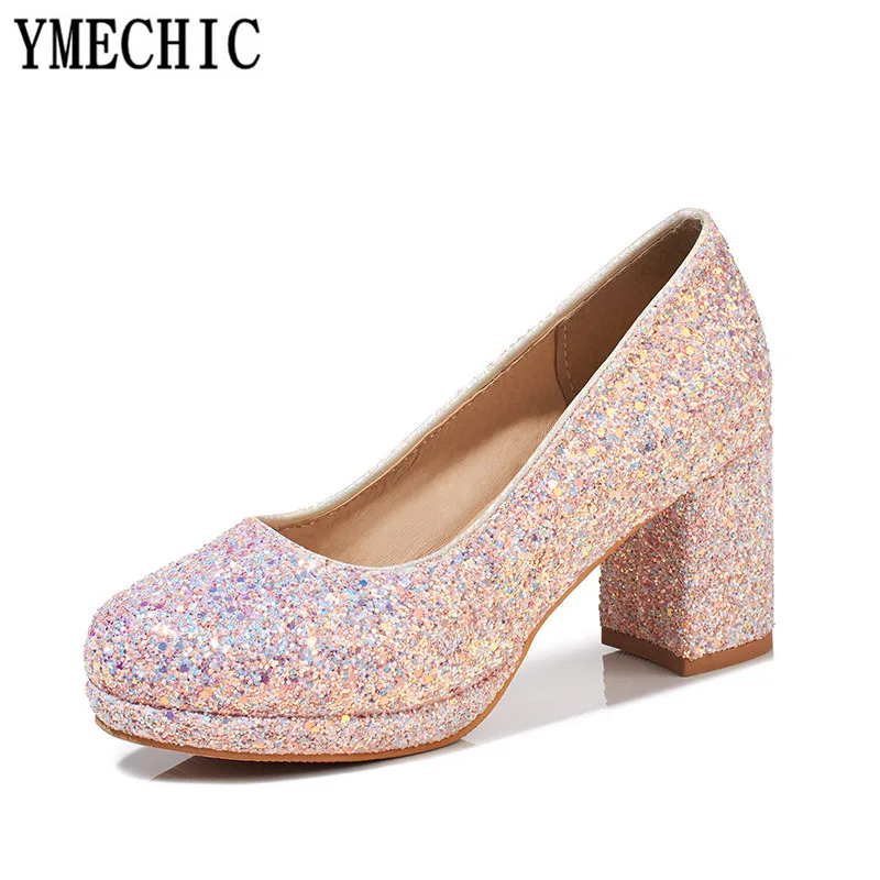 YMECHIC 2018 модные блестящие туфли лодочки без застежек на массивном высоком каблуке