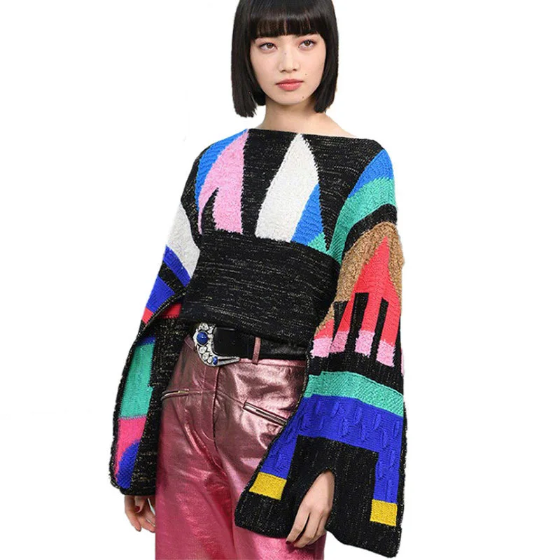 

2019 New Autumn Women Fashion Trend Loose Colorful Sweater Contrast Color Pullover Knitting Sweater High Quality