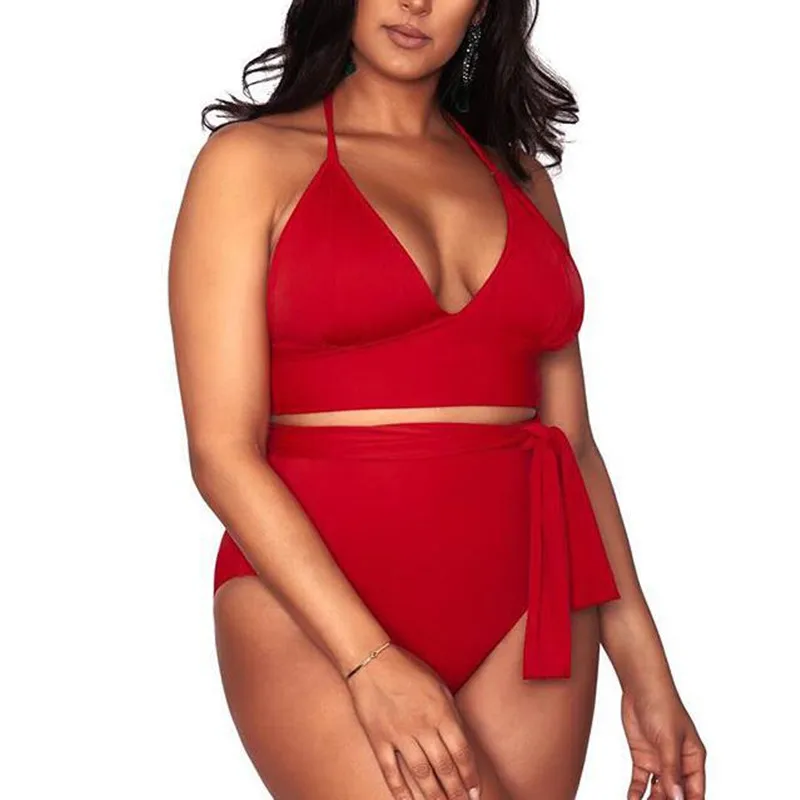 

2019 High Waist Swimwear Plus Size Women Beachwear Vintage Halter Bikini Set Solid Push up Tankini Big 3XL bandage Swimsuit