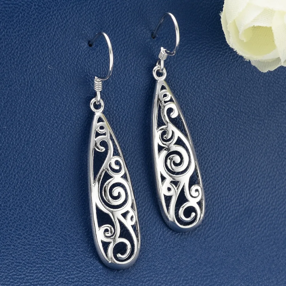

BELLA Fashion 925 Sterling Silver Art Deco Teardrop Bridal Earrings Earrings Simple Open Filigree Dangle Earrings Wedding Party