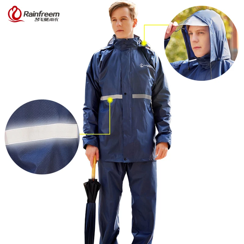 Cena Rainfreem kombinezon przeciwdeszczowy nieprzepuszczalny kobiety mężczyźni z kapturem motocykl Poncho motocykl odzież przeciwdeszczowa S 6XL wędkarstwo sprzęt przeciwdeszczowy