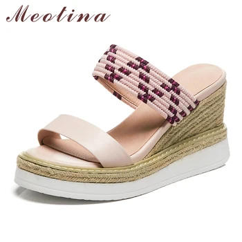 

Meotina Summer Slippers Women Shoes Natural Genuine Leather Wedges Heel Shoes Cow Leather Super High Heel Slides Ladies Sandals