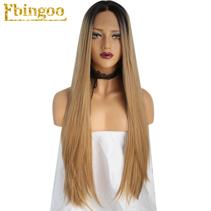 

Ebingoo 2 Tones High Temperature Fiber Blonde Ombre Dark Roots Natural Long Straight Synthetic Lace Front Wig +Hair Cap