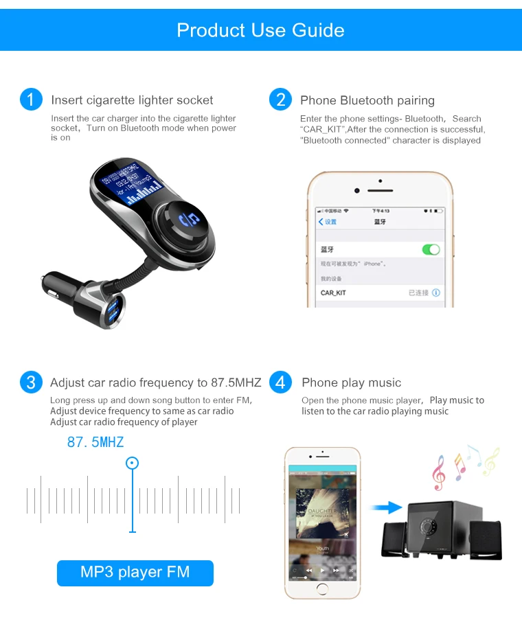 Yasokro FM модулятор передатчик автомобильного аудио MP3 плеер Bluetooth Handsfree Car Kit с 3.1A Quick Charge Dual USB Автомобильное Зарядное устройство