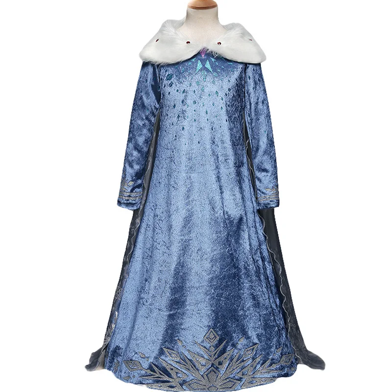 Осень зима обувь для девочек принцесса Анна Эльза косплэй вельветовое платье для вечеринки с искусственный меховой воротник для детей рождественское платье костюмы - Цвет: FD434-Navy
