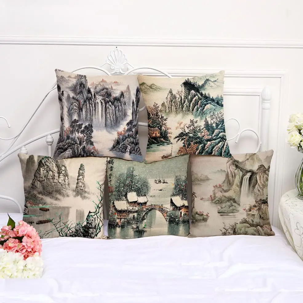 Ancient Traditional Chinese Pillow Landscape Painting Cushion 45 X 45