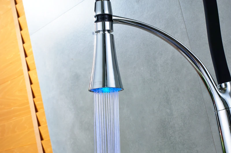 Chrome светодиодные кран для ванной и кухни кухня смеситель кран черный тянуть сливная труба горячей и холодной водопроводной воды для на