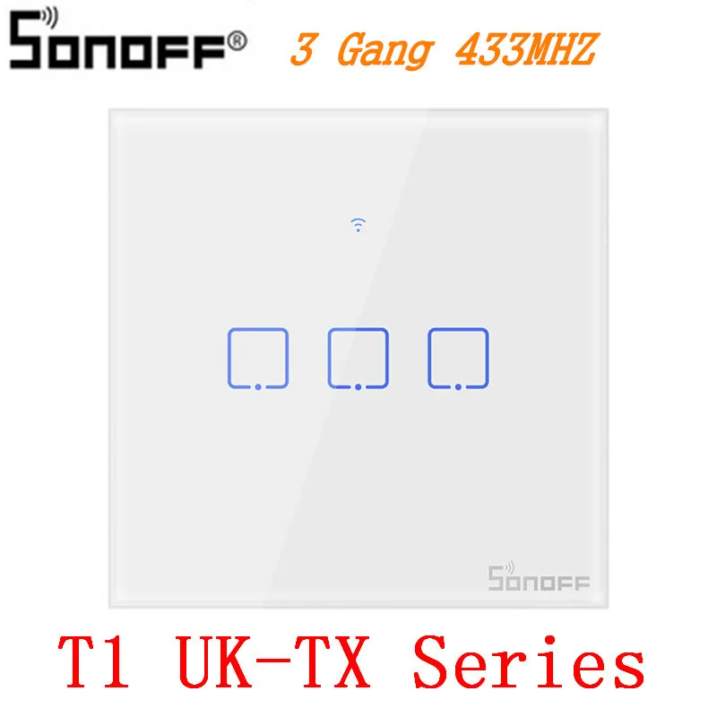 Интеллектуальный выключатель света SONOFF T1 стандарта ЕС, США, Великобритании TX Интеллектуальный переключатель Wi-Fi Сенсорный экран пульт дистанционного управления Вкл/Выкл 1/2/3 433 МГц RF/Голосовое управление/приложение/сенсорный экран Управление 86 Тип умный дом - Комплект: T1 UK-TX 3 Gang