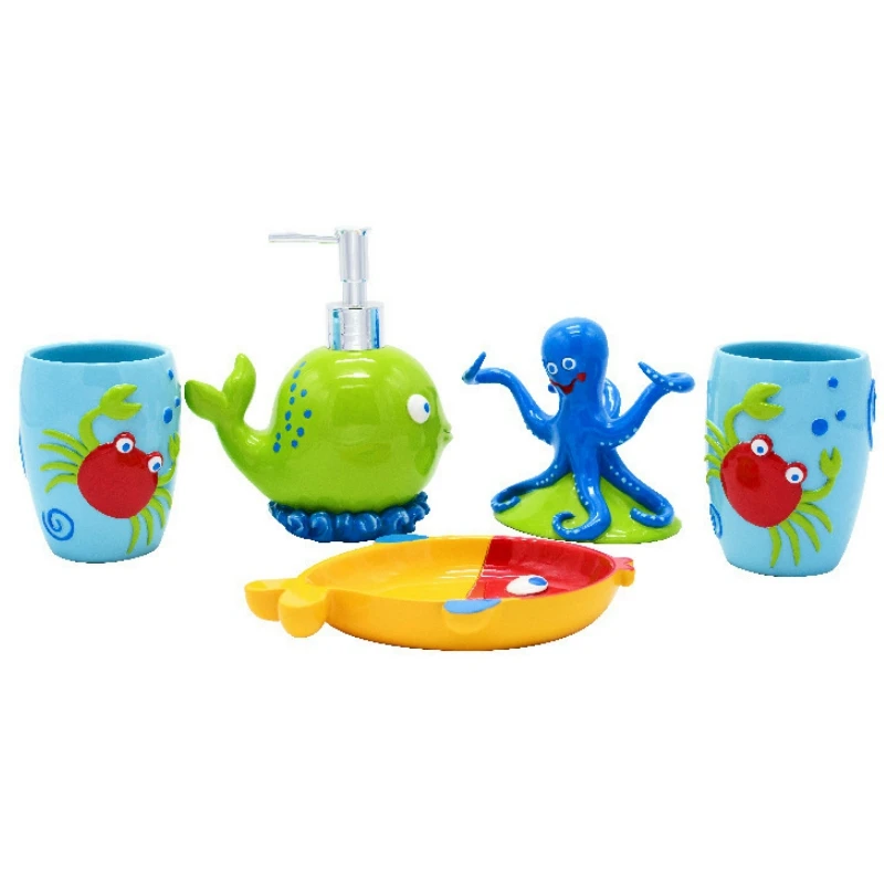Kids'Bathroom اكسسوارات مجموعة 5 قطعة فرشاة الأسنان حامل حمام غرفة ديكور جميل لطيف السلطعون الأخطبوط الحوت اللون الراتنج الأطفال هدية