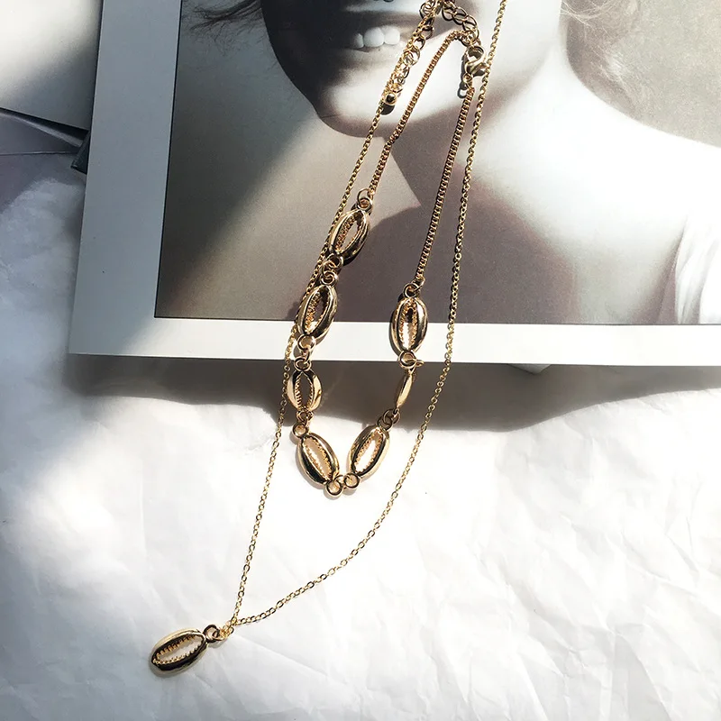 

2019 NEW Gold Color Metal Two-sided shell Statement Necklace Women bohemian ocean wind long geometric pendant necklace jewelry