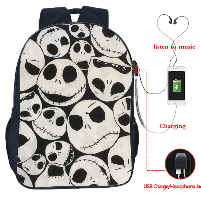 The Nightmare Before Christmas Backpack USB Charging Backpack Jack Skellington School Bag Backpacks Multifunctional Travel Bags