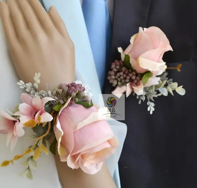 baby pink artificial rose wedding best man groom boutonniere bridal