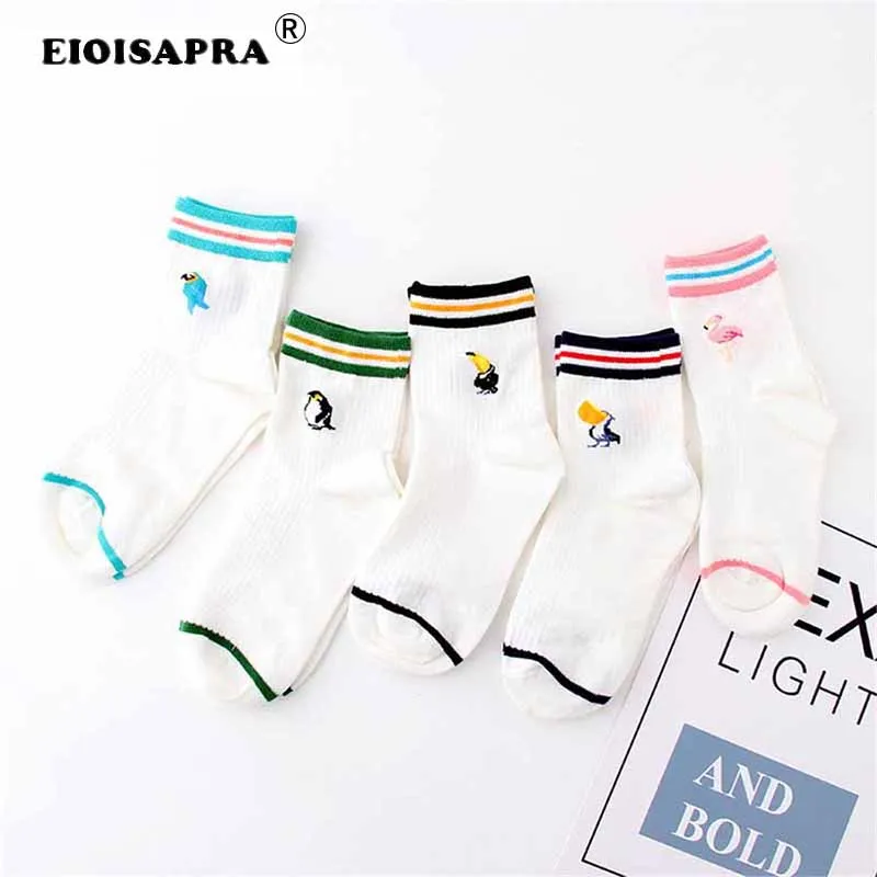 

[EIOISAPRA]Harajuku Kawaii Cartoon Jacquard Flamingos Penguin Funny Socks Women Animals Embroidery Bird Pattern Calcetines Mujer