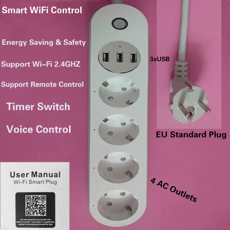 

WiFi Smart Power Strip Socket Voice Control Timer Switch 4 AC Outlets 3 USB Port EU Plug for iPhone Android Alexa Google Home