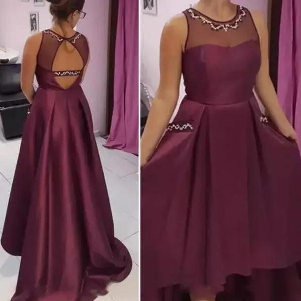 

Burgundy High Low Prom Dresses 2019 Sheer Neck Backless Backless Beaded Formal Party Dresses Sleeveless Front Short Back Long
