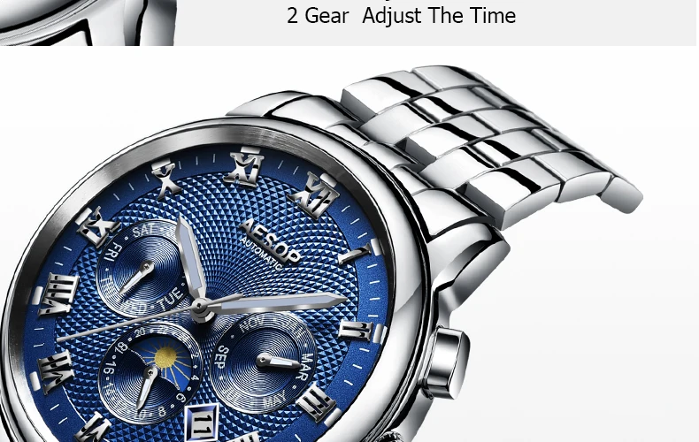 AESOP модные мужские часы, мужские автоматические механические синие наручные часы, мужские часы из нержавеющей стали, мужские часы, коробка 31