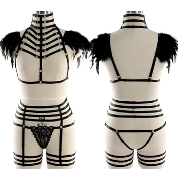 

Set Body Harness Belt For Women Angel Wings Feather Bra Lace Asphyxia Harness Slave Halloween Club Party Dance Festival Rave