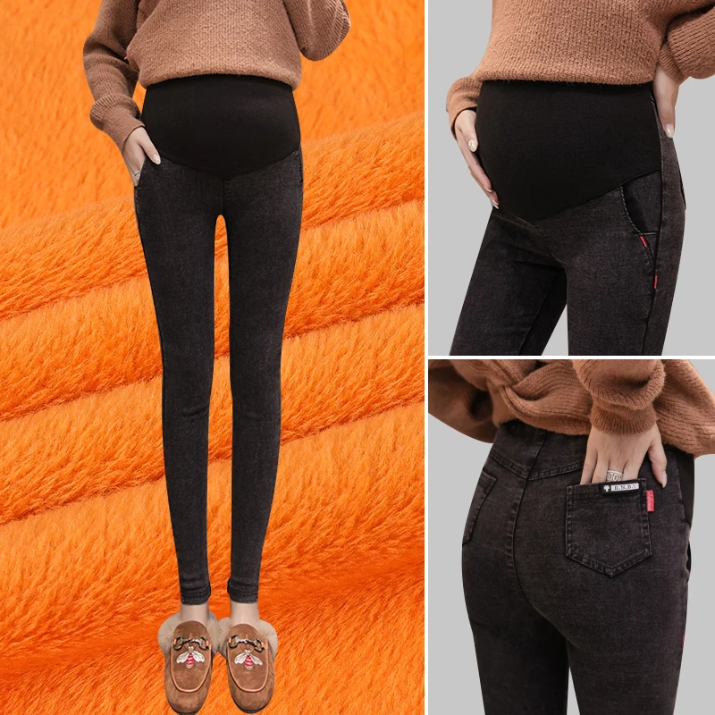 Winter Pregnancy Clothing Plus Velvet Warm Elasticity Maternity Jeans Casual Pants For Pregnant