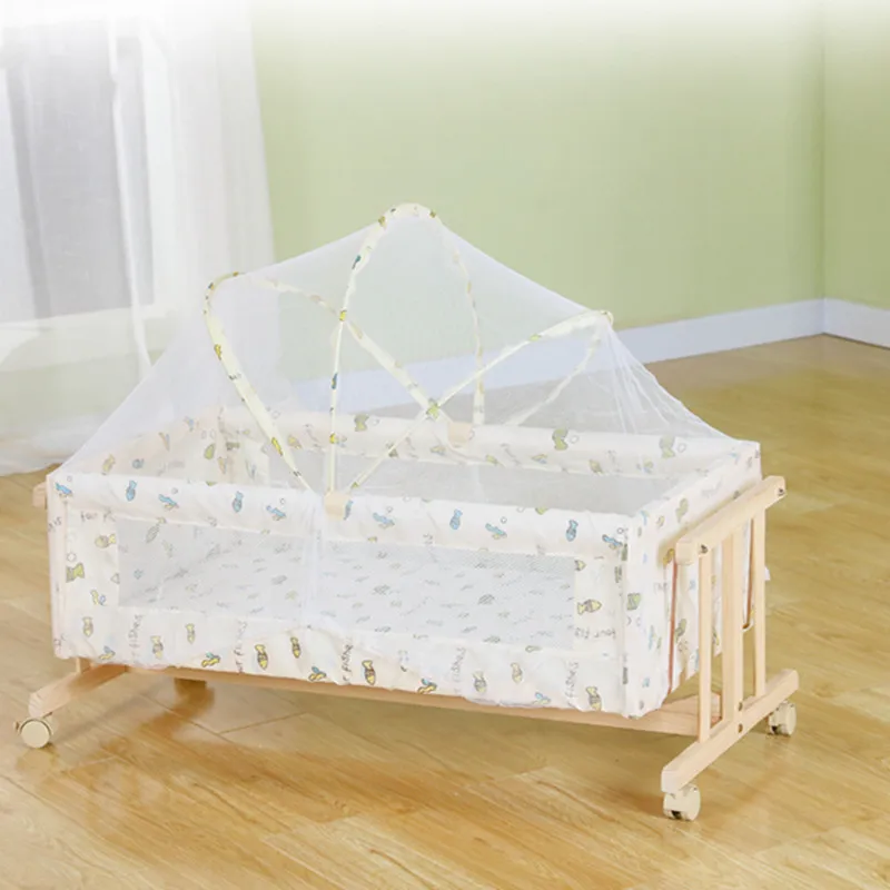 Baby multifunction cradle baby shaker with roller mosquito nets green wood without paint