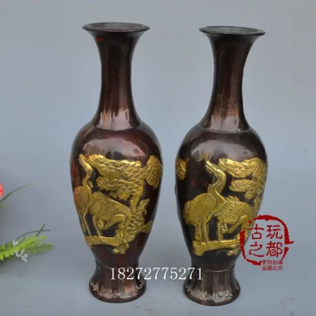 

China Pure copper boutique collection carving The crane the pair vase