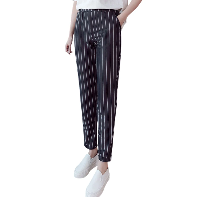 

Spring Autumn female fashion elastic waist casual pencil pants stripes harem pants work wear Straight Trousers
