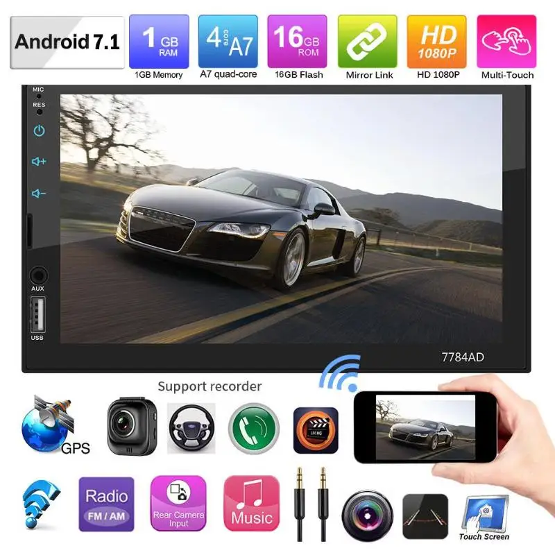 2Din " сенсорный экран Android 7,1 автомобильный стерео MP5 центральный мультимедиаплеер Bluetooth Wifi gps навигация FM радио с картой+ камера