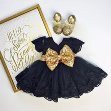 Черное прозрачное кружевное короткое платье до колена с цветочным узором для девочек; одежда для первого дня рождения; платье для малышей; пояс с блестками и бантом