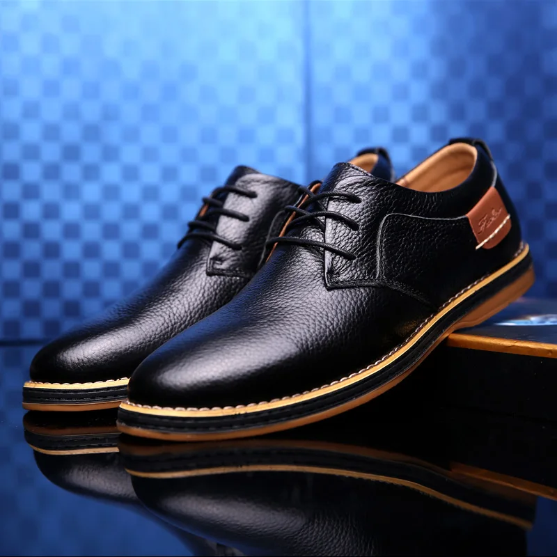 Повседневные мужские кожаные модельные туфли для офиса; Лидер продаж; брендовые модные оксфорды на плоской подошве; Цвет черный, синий, коричневый; размеры 38-44