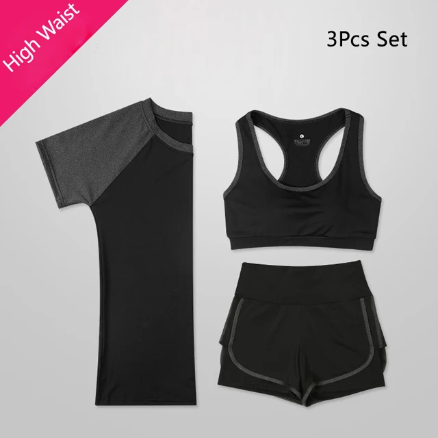 3pcs set black Женский комплект из 5 предметов для йоги, для бега, футболка, фитнес, бюстгальтер, спортивная одежда, одежда для спортзала, Женский комплект для тренировок, спортивный костюм - Цвет: 3pcs set black