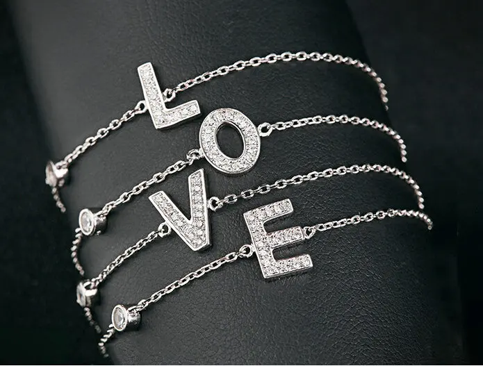 Hotsale 2016 cubic zircon micro paved 925 sterling silver 26PCS Alphabet letter charm bracelets girl statement bracelet