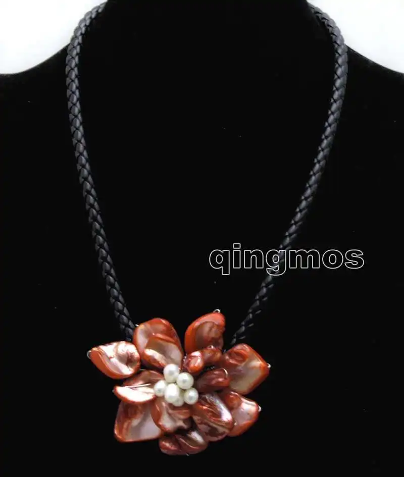 

70mm Red Baroque Shell Pearl Flower pendant with 6mm Black Leather Rope 20'' Necklace-ne6316 whole sale and retail Free shipping