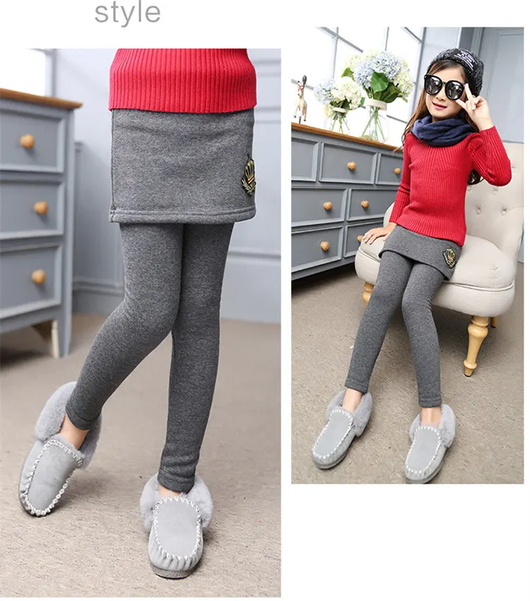 3-12 y children girls leggins winter leggings girls pants fleece warm leggings girl pantskirt solid color crown appliques (12)