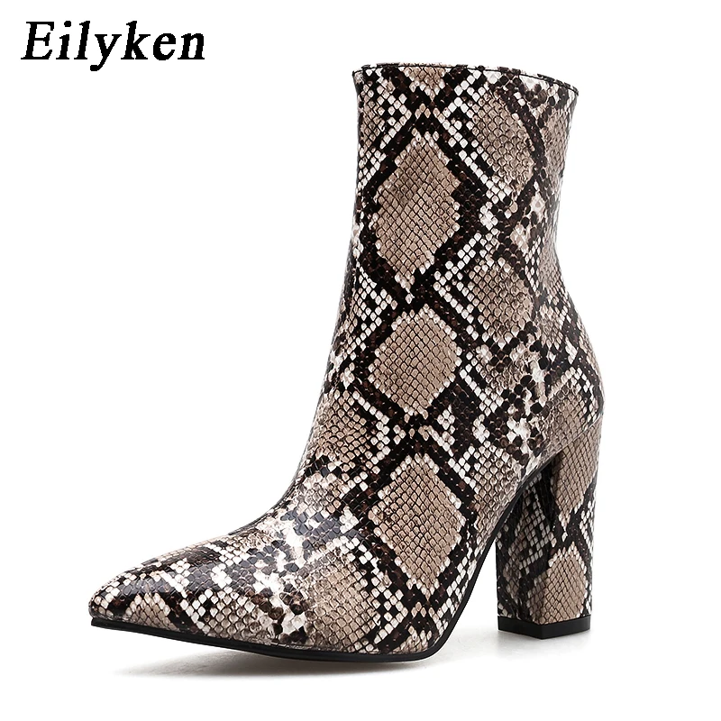 

Eilyken Square Heels Women Boots Pointed Toe Snake Print Zip Female Boot Autumn Shoes Women 2019 New Winter Chelsea Boot