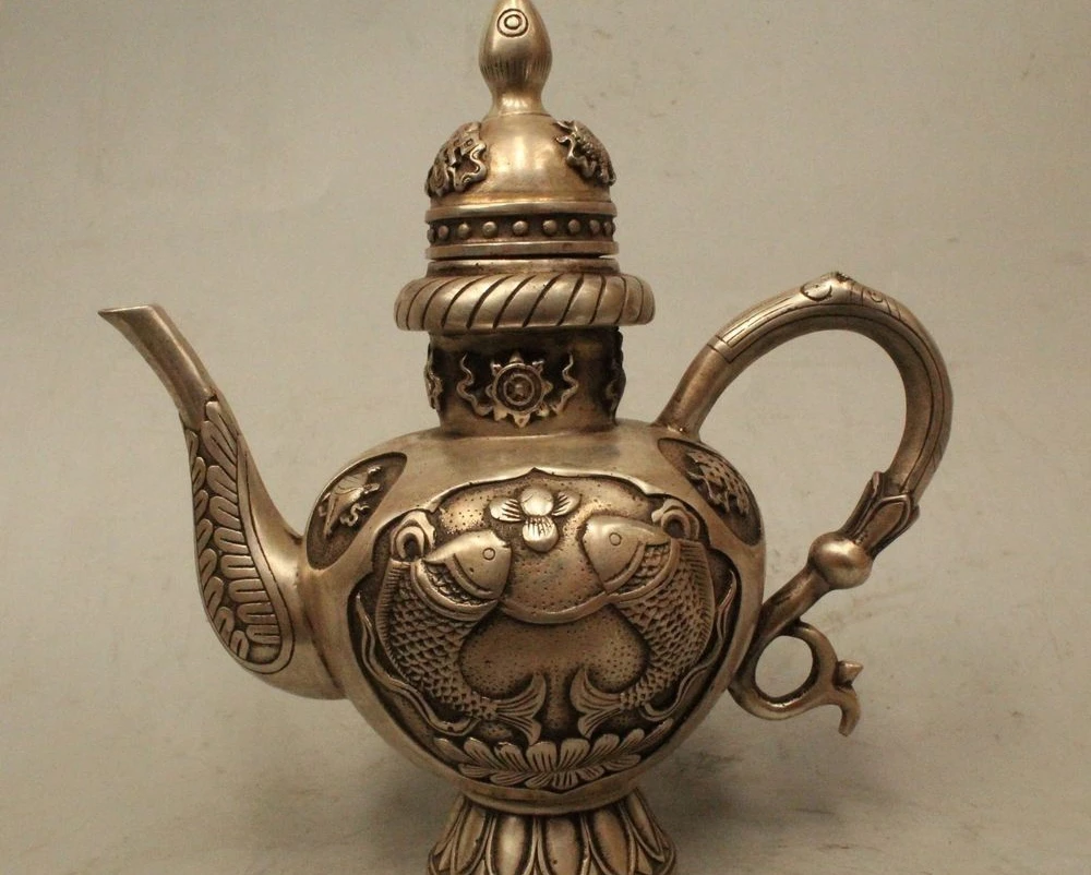 

9" Marked Chinese Dynasty Silver 8 treasure cyprinoid Statue Wine Pot Flagon