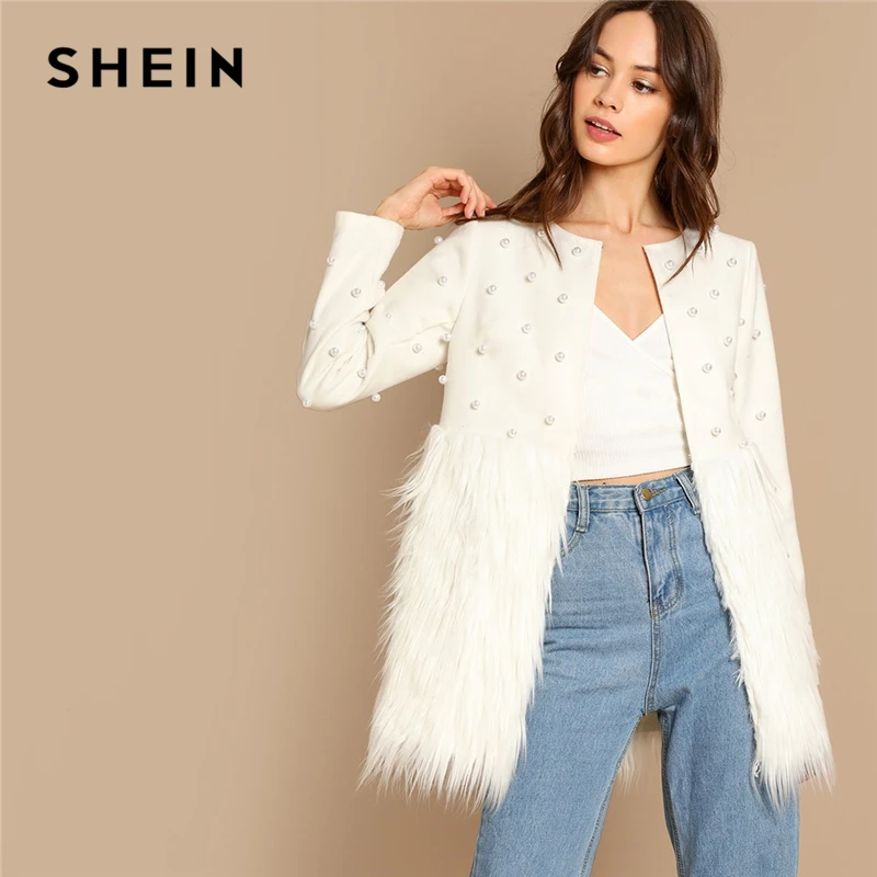 

SHEIN Office Lady Solid Pearl Embellished Faux Fur Round Neck Jacket Autumn Workwear Casual Women Coat And Outerwear