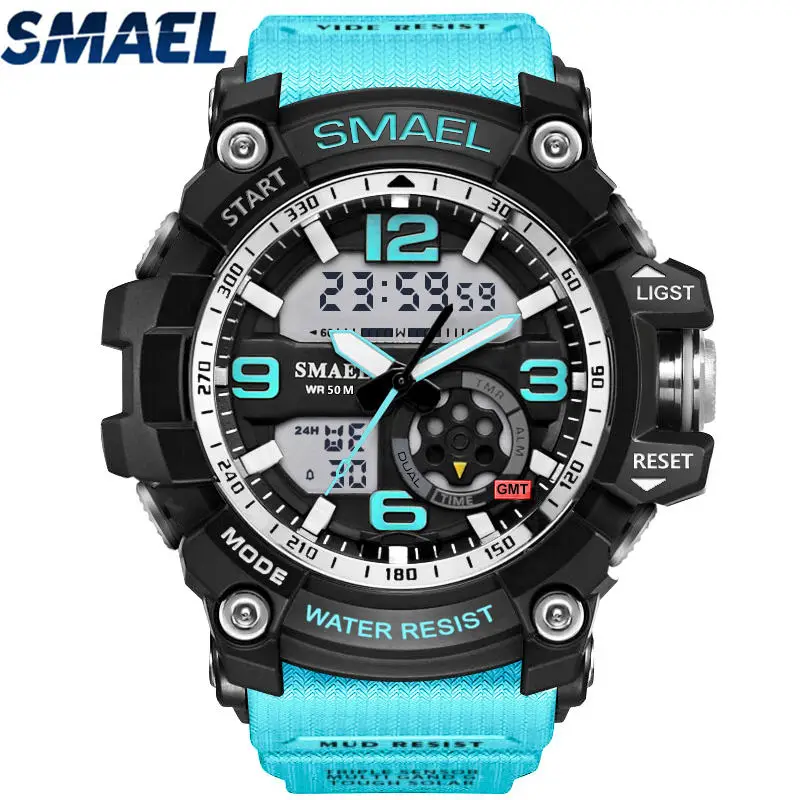 Light Blue Мужские s часы Лидирующий бренд класса люкс SMAEL светодиодный цифровые часы мужские спортивные военные ударостойкие аналоговые кварцевые часы Relogio Masculino - Цвет: Light Blue