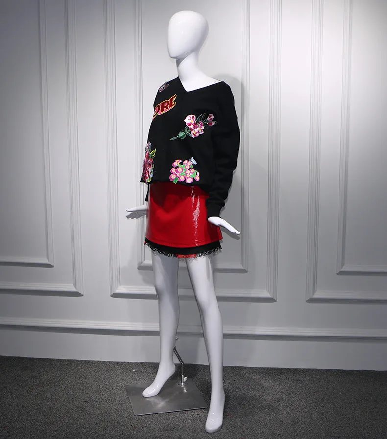 Mingxingsunyi's Same Black Embroidery Flower V Shoulder Sweater Lazy Tie 2019 Pullovers V-Neck Cashmere Black Sweater Women Mingxingsunyi's Same Black Embroidery Flower V Shoulder Sweater Lazy Tie 2019 Pullovers V-Neck Cashmere Black Sweater Women