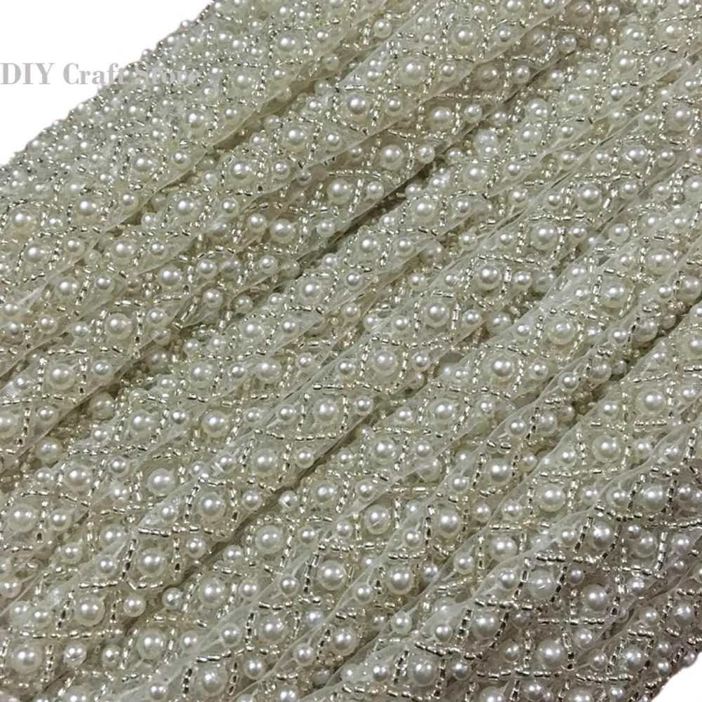 

3Yards Pearl Beaded Embroidered Rhinestones Applique Braided Lace Ribbon Trim For Wedding Dress 5-119