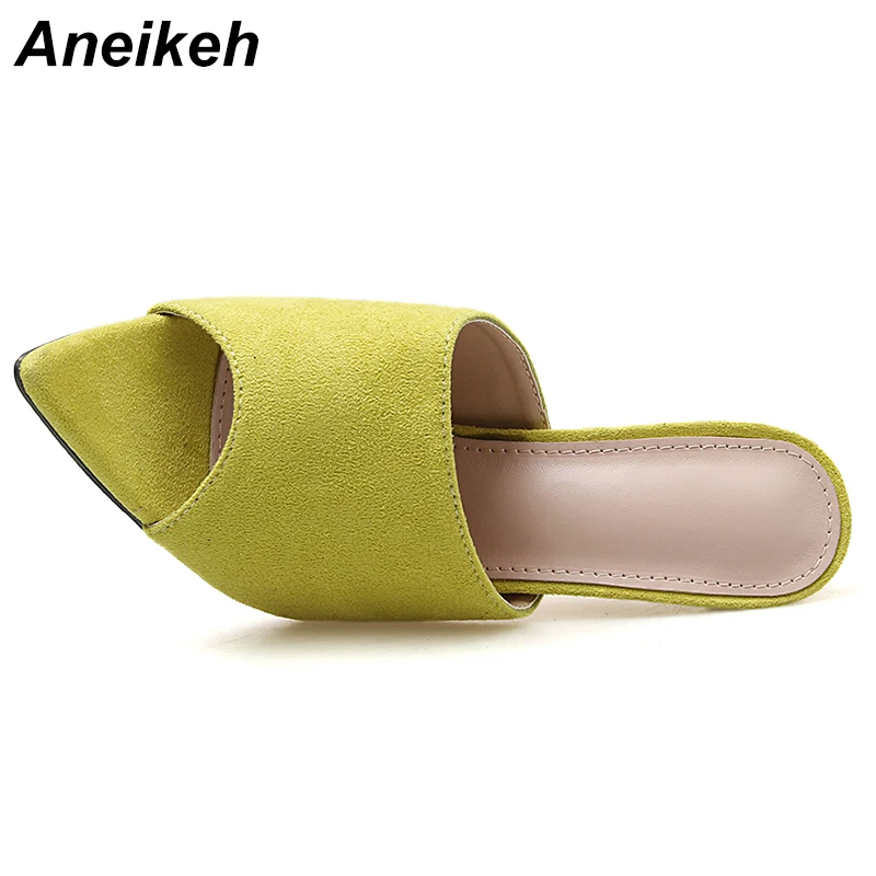 Aneikeh/Новинка года; Летняя женская обувь; флуоресцентный зеленый цвет; модные босоножки без шнуровки; блестящие шлепанцы с открытым носком; шлепанцы на высоком каблуке