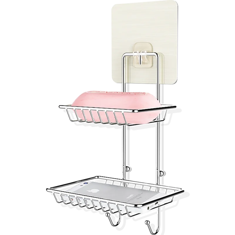 Bathroom stainless steel double soap dish creative free punching no trace rack bathroom soap rack drain soap box WF621928