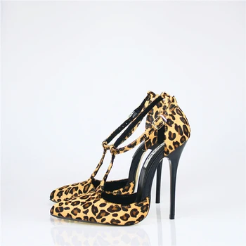 

Fashion Horsehair leapord lady high-heeled shoes sexy thin heel big size 40-49 single shoes ankle buckle pointed toe women shoes
