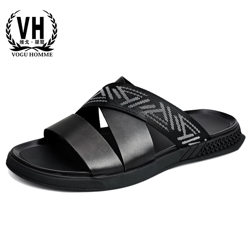 

fender summer men genuine leather slippers High Quality Genuine Leather slippers personality slipper anti-skid beach shoes male