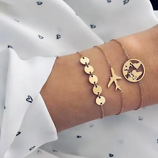 3 Pcs/ Set Punk Aircraft Map Round Chain Gold Pendant Women Bracelet Fashion Creative Clothing Jewelry Accessories | Украшения и