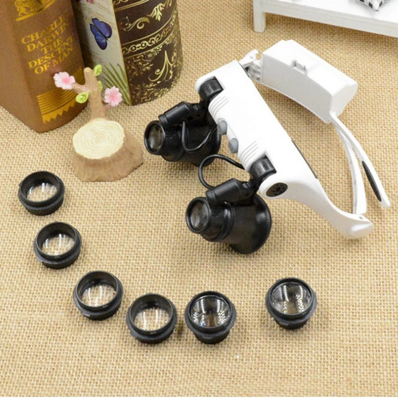 

10X 15X 20X 25X LED Magnifier Double Eye Glasses Loupe Lens Jeweler Watch Repair Measurement With 8 Lens LED Lamp Strap Glasses