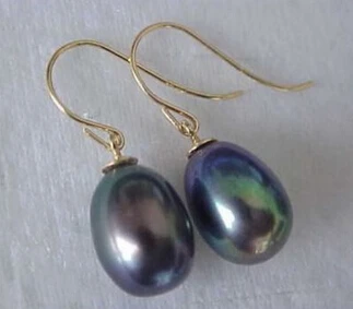 

free shipping 13377 charming pair of 11-13mm beautiful south sea black pearl earring 14K