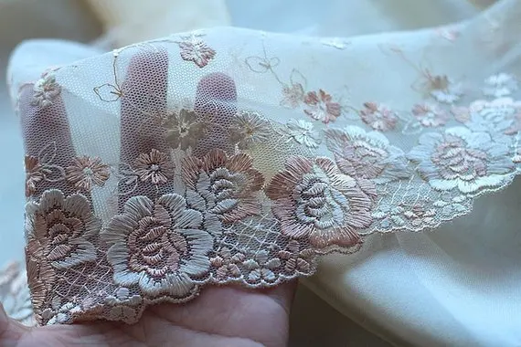 

2 Yards Lace Trim Flowers Floral Embroidered Light Yellow Tulle Lace 8.26 Inches Wide High Quality