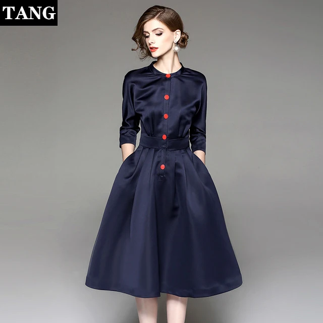 

Women Vintage Embroidery Office Dress 2019 Three Quarter O neck Solid Elegant A-line Dress Spring Summer Fashion Women Dress