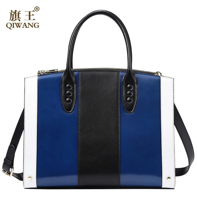 QIWANG Blue Women Strip Bag Leather Women Handbag Large Tote Women Bag Large Capacity Bags Luxury Top Handle Bags